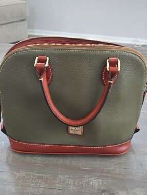 Dooney & Bourke Olive Green Pebbled Leather Satchel with Brown Trim